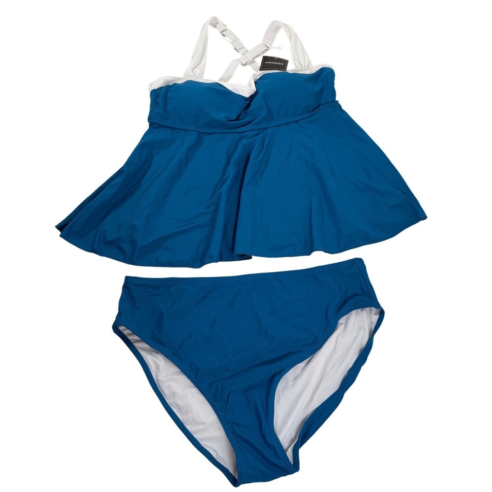 Aidonger Womens Blue White Peplum Tankini Swimsuit Set XL New